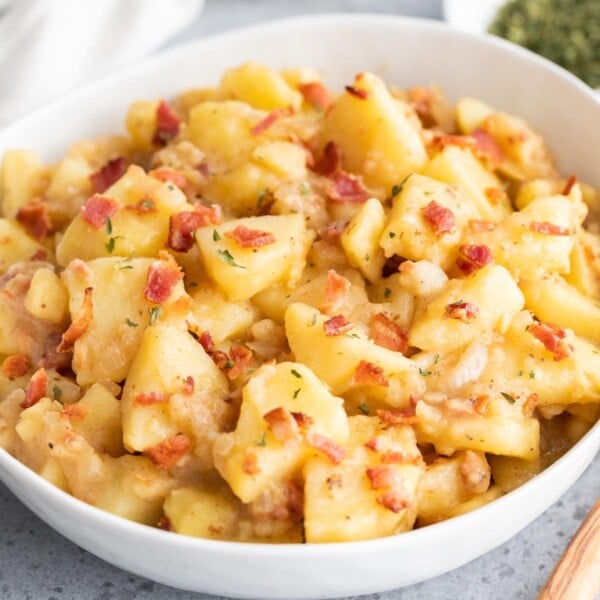 Potato salad in a white bowl